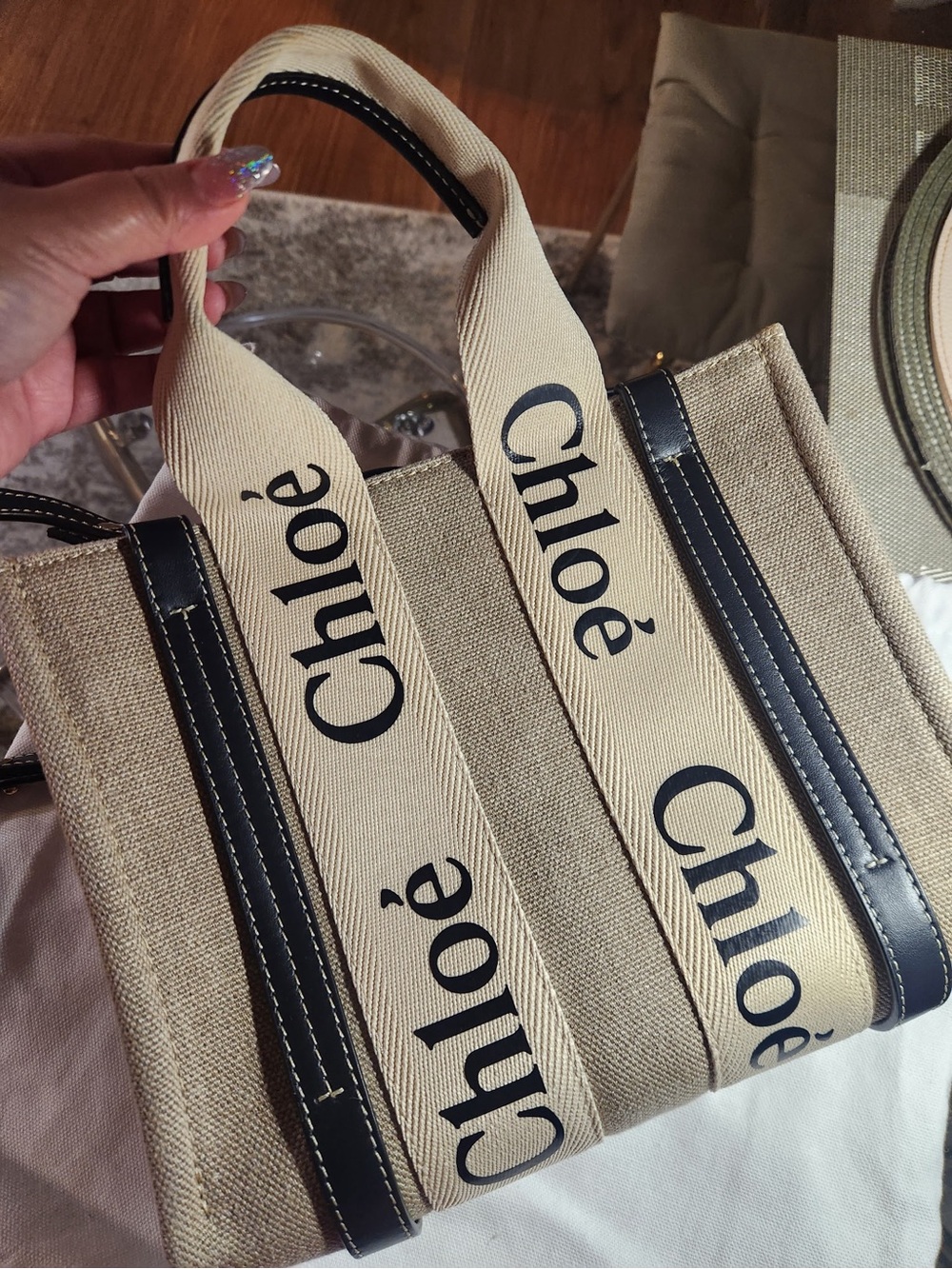 Chloé Beige Canvas Tote with Black Trim and Logo Straps
